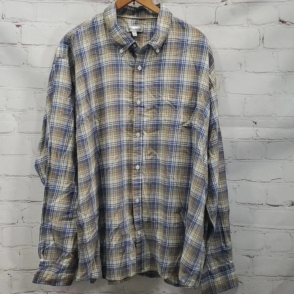 Peter Millar Crown Shirt Plaid Mount Pearl Men's Size XXL
